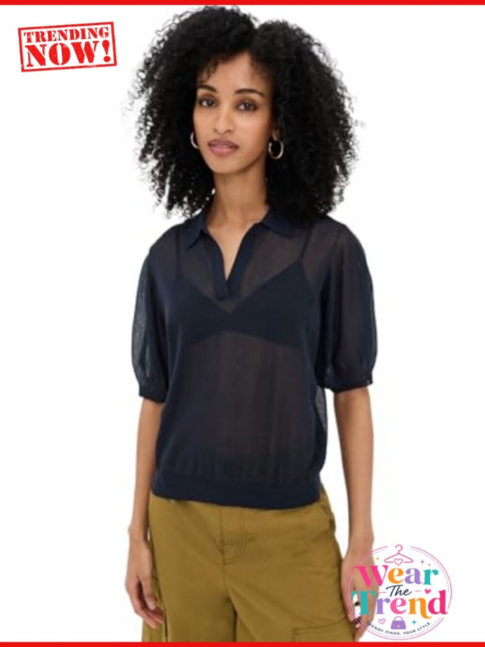 Blouson Polo Top Voluminous Sleeves Cotton Blend Collared Short Sleeve